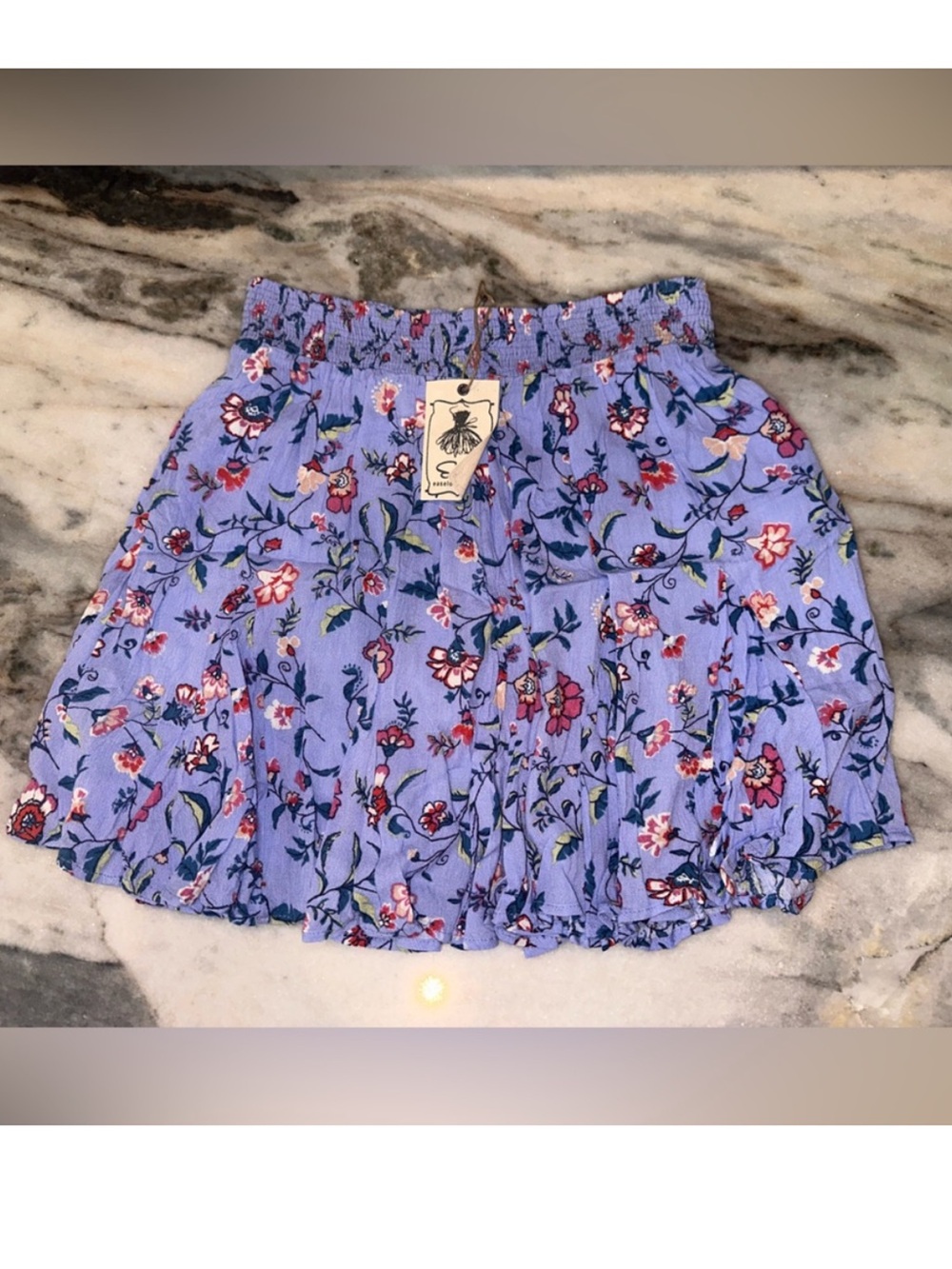 easel‎ mini skirt flare botanical Floral Smocked waist periwinkle rayon lined L